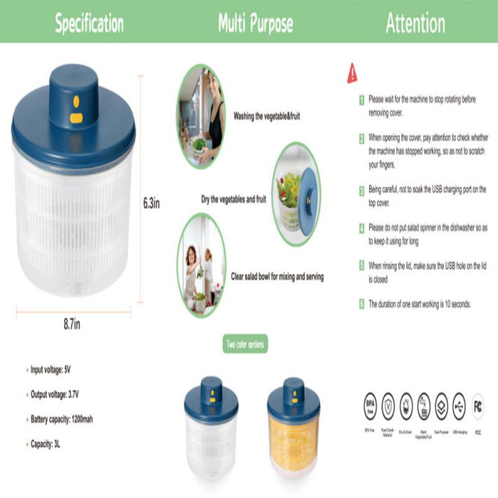 Electric Salad Spinner and Vegetable Dryer USB Rechargeable, Quick-Dry Kitchen Essential On Sale