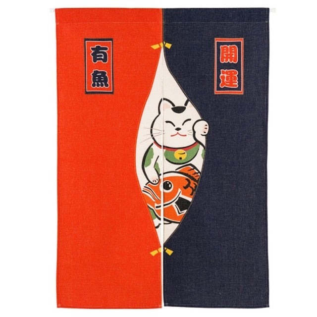 On Sale Japanese Fortune Cat  Linen Patterned Doorway Tapestry Noren 