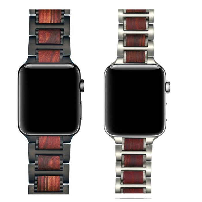 Top 316L Stainless Steel Metal And Natural Red Sandalwood Watch Band For Apple Watch Series 7, 6, SE, 5, 3 On Sale